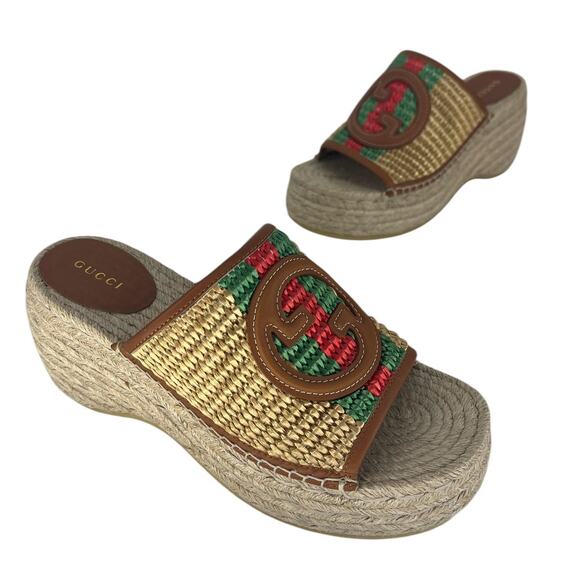 Gucci Adela Leather Trimmed Raffia Wedge Espadrilles - Picture 6 of 16